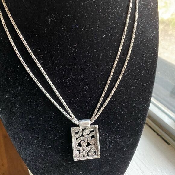 BRIGHTON Silver Rectangle Double Strand Deco Lace Necklace - Picture 7 of 8